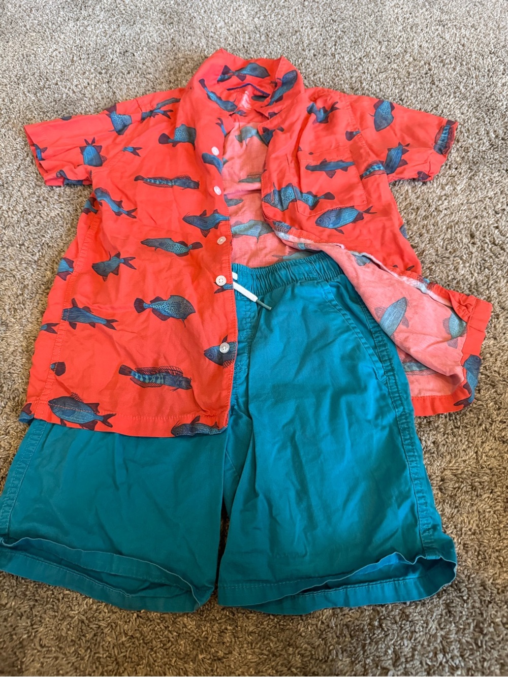 Kids Red Fish-Print Short Sleeve Shirt and matching shorts